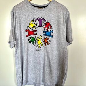 Primark x Keith Haring Graphic Tee 2XL Grey Colorful Dancing Figures Pop Art NWT